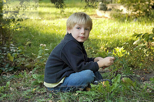 Kleiner Junge sitzt draußen in einem Garten; Lincoln  Nebraska  Vereinigte Staaten von Amerika