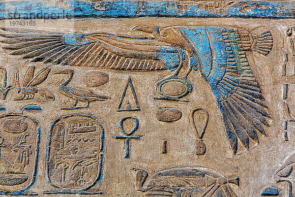 Nahaufnahme der Tempelwand mit altägyptischen Hieroglyphendetails; Luxor  Theben  Ägypten