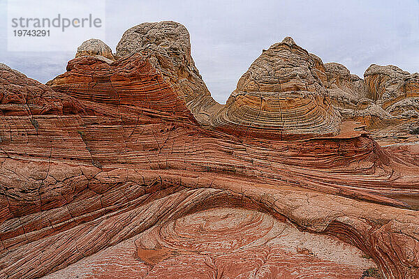 Blick auf den erodierten Navajo-Sandstein  der rote Felsformationen mit geriffelten  wirbelnden Mustern bildet und fremde Landschaften mit erstaunlichen Linien  Konturen und Formen in der wundersamen Gegend von White Rock bildet; Arizona  Vereinigte Staaten von Amerika