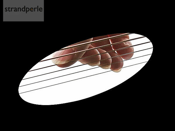 Eine seltene Schalllochperspektive mit Fingern  die auf Gitarrensaiten ruhen  Nahaufnahme; Studioaufnahme