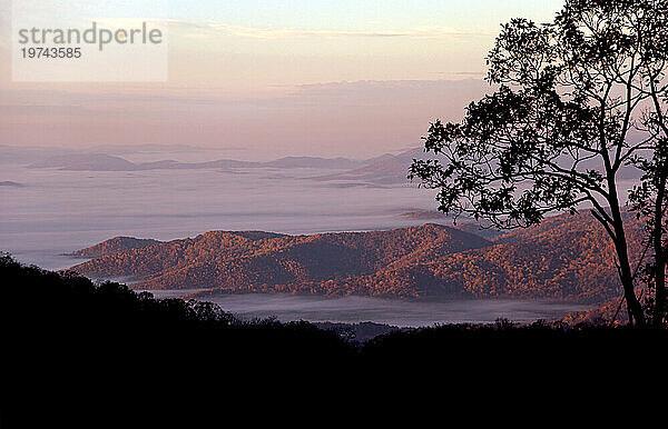 Dämmerungsblick auf baumbedeckte Berge und silhouettierte Bergrücken mit Blick nach Süden in Richtung Hendersonville in den Blue Ridge Mountains; North Carolina  Vereinigte Staaten von Amerika