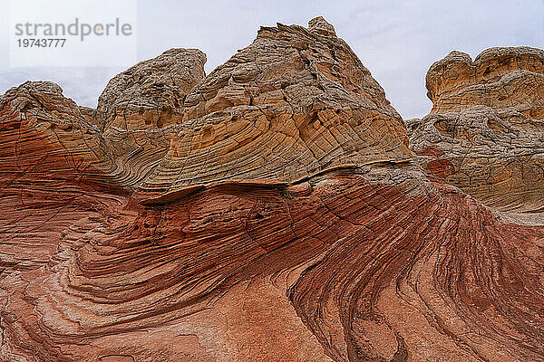 Blick auf den erodierten Navajo-Sandstein  der rote Felsformationen mit geriffelten  wirbelnden Mustern bildet und fremde Landschaften mit erstaunlichen Linien  Konturen und Formen in der wundersamen Gegend von White Rock bildet; Arizona  Vereinigte Staaten von Amerika