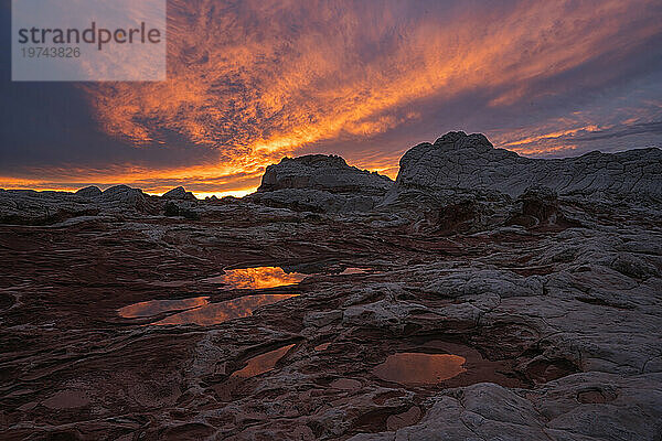 Sonnenuntergang mit leuchtend rosa Wolken über der wundersamen Gegend namens White Pocket in Arizona. Es ist eine fremde Landschaft mit erstaunlichen Linien  Konturen und Formen. Hier erzeugt die untergehende Sonne wunderschöne Farben am Himmel über der Gegend; Arizona  Vereinigte Staaten von Amerika