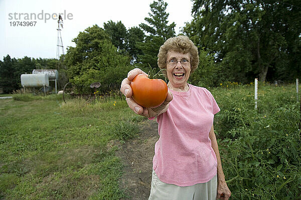 Frau steht in ihrem Garten auf einem Bauernhof; Cortland  Nebraska  Vereinigte Staaten von Amerika