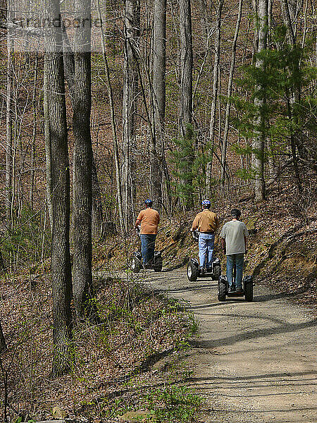 Drei Touristen fahren mit dem Segway durch einen Waldpark; North Carolina  Vereinigte Staaten von Amerika