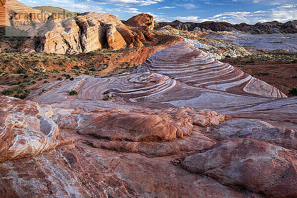 The famous Fire Wave rock formation at sunset  Valley of Fire State Park  Nevada  United States of America  North America