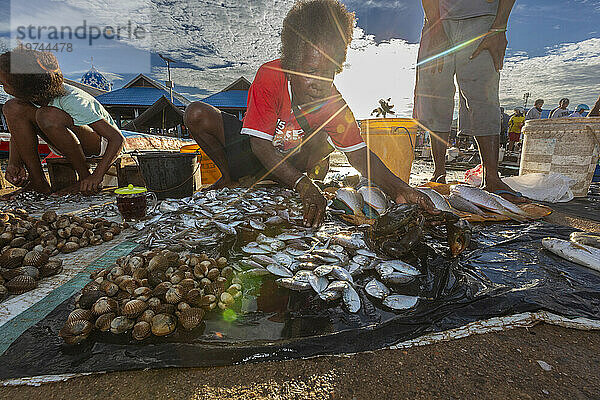 Händler verkaufen frischen Fisch auf dem Fischmarkt in Sorong  der größten Stadt der indonesischen Provinz Südwest-Papua  Indonesien  Südostasien  Asien