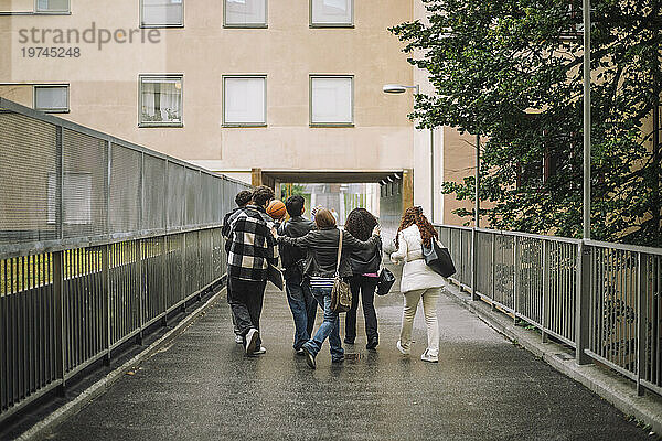 Sorglose männliche und weibliche Teenager-Freunde genießen gemeinsam den Spaziergang auf dem Fußweg