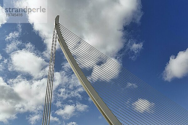 Weiße Schrägseilbrücke in Form einer Harfe  Pont de L'Assut de l'Or  moderne Architektur  Architekt Santiago Calatrava  Pylon  Detail vor Quellwolken  Ciudad de las Artes y de las Ciencias  Stadt der Künste  Valencia  Spanien  Europa