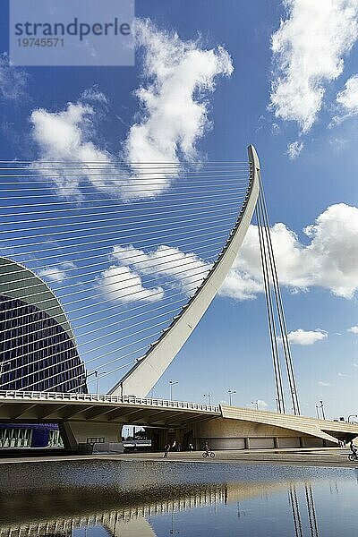 Schrägseilbrücke in Form einer Harfe  Pont de L'Assut de l'Or  moderne Architektur  Architekt Santiago Calatrava  Pylon  Quellwolken  Ciudad de las Artes y de las Ciencias  Stadt der Künste  Valencia  Spanien  Europa