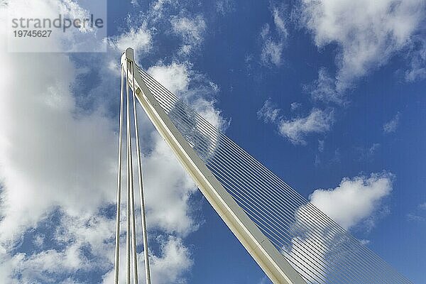 Weiße Schrägseilbrücke in Form einer Harfe  Pont de L'Assut de l'Or  moderne Architektur  Architekt Santiago Calatrava  Pylon  Detail vor Quellwolken  Ciudad de las Artes y de las Ciencias  Stadt der Künste  Valencia  Spanien  Europa