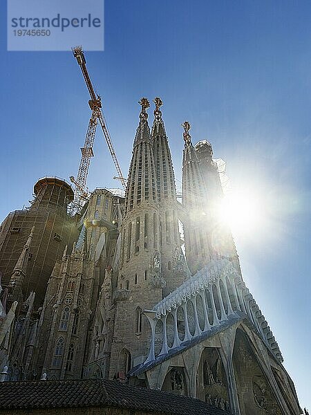 Sagrada Familia  Baukräne  Baustelle im August 2016  Architekt Antoni Gaudí  Gegenlicht  Barcelona  Spanien  Europa