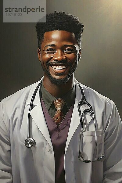 Porträt eines afroamerikanischen jungen erwachsenen Arztes bei der Arbeit lächelnd ai generiert