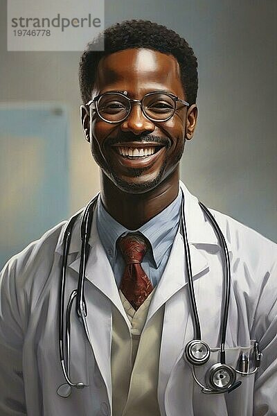 Porträt eines afroamerikanischen jungen erwachsenen Arztes bei der Arbeit lächelnd ai generiert