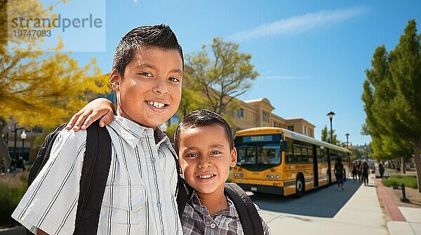 Zwei glückliche junge hispanische Brüder mit Rucksäcken in der Nähe eines Schulbusses auf dem Campus