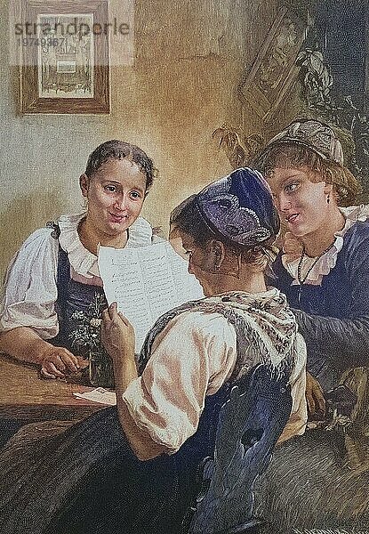 Mädchen liest mit Freundinnen einen Liebesbrief  Historisch  digital restaurierte Reproduktion von einer Vorlage aus dem 19. Jahrhundert  koloriert  Girl reading a love letter with friends  Historical  digitally restored reproduction from a 19th century original  coloured