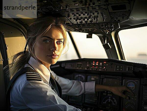 Eine junge Frau mit blondem Haar  eine Pilotin im Cockpit eines Flugzeugs. KI generiert