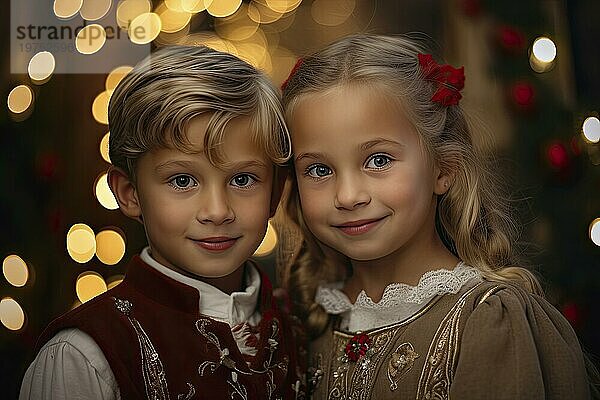 Nahaufnahme von zwei Kindern auf dem Weihnachtsmarkt  Mädchen und Junge  festliche Weihnachtsbeleuchtung im Hintergrund. AI generiert