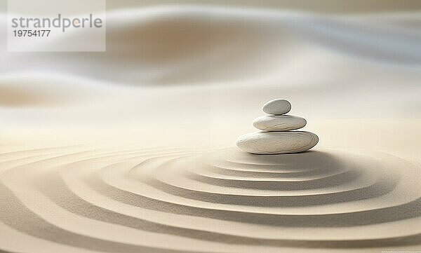 Zensteine stapeln sich auf geharktem Sand in einer minimalistischen Umgebung für Gleichgewicht und Harmonie. Gleichgewicht  Harmonie und Frieden des Geistes  Wellness  Meditation und Spiritualität Konzept