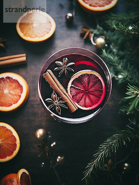 Ein Glas traditioneller Glühwein mit orangen und Preiselbeergarnituren auf einem gemütlichen Weihnachtstisch. Der Hintergrund ist unscharf mit Bokeh Lichtern und Kerzen  die eine warme und festliche Atmosphäre schaffen