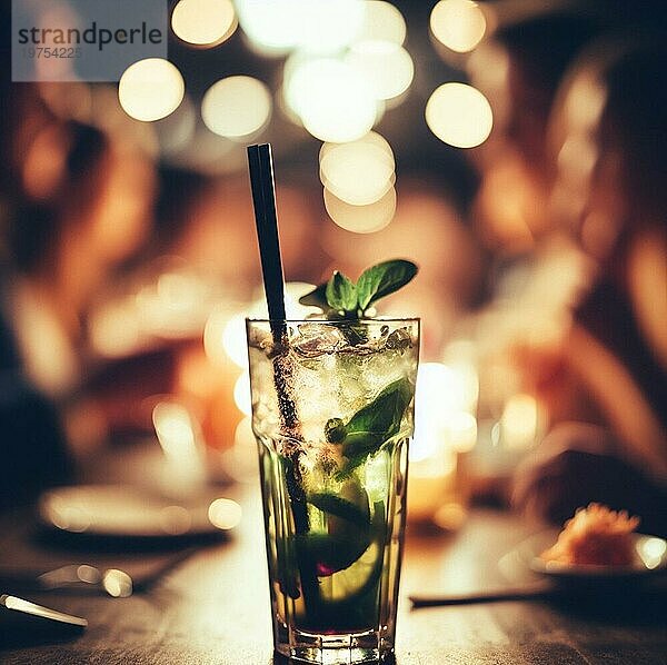 Illustration eines Mojito Cocktail Getränk in einer Bar Pub in der Nacht  gedämpftes warmes Licht  selektiven Fokus Bokeh ai generiert