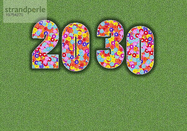 Jahreszahl 2030 mit Blumendesign auf grünem Untergrund  Illustration  Zahlen  Grafik  Blumenmuster  bunte Blumen  farbenfroh
