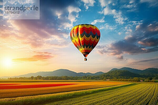 Ein bunter Heißluftballon schwebt im Himmel über einem blühenden Feld Wiese von Blumen Landschaft bei Sonnenuntergang mit orange und blaün Himmel im Hintergrund. Reise Reise Abenteuer Schönheit der Natur Konzept