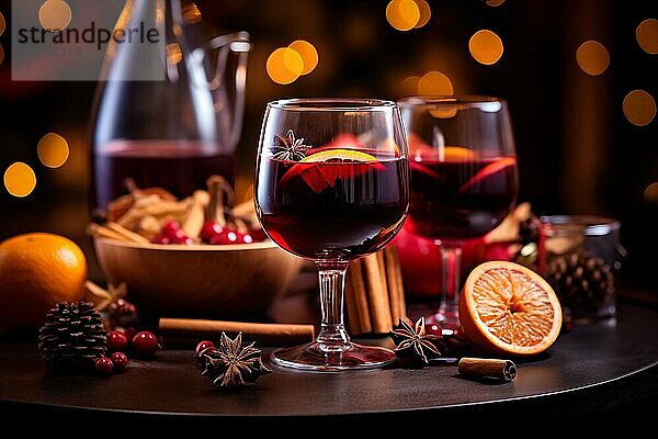 Zwei Gläser mit traditionellem Glühwein mit orangen und Preiselbeergarnituren auf einem gemütlichen Weihnachtstisch. Der Hintergrund ist unscharf mit Bokeh Lichtern und Kerzen  die eine warme und festliche Atmosphäre schaffen