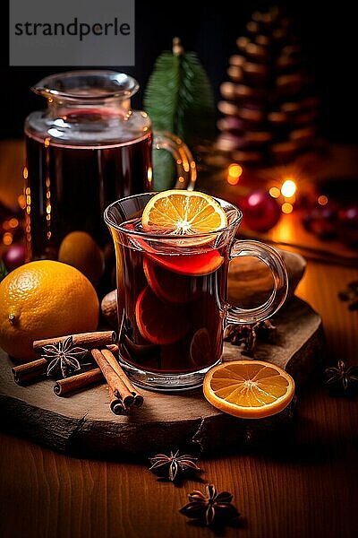 Ein Glas traditioneller Glühwein mit orangen und Preiselbeergarnituren auf einem gemütlichen Weihnachtstisch. Der Hintergrund ist unscharf mit Bokeh Lichtern und Kerzen  die eine warme und festliche Atmosphäre schaffen