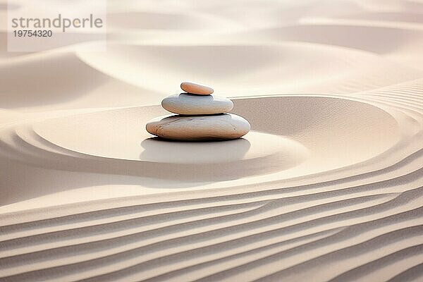 Zensteine stapeln sich auf geharkten Sandwellen in einer minimalistischen Umgebung für Gleichgewicht und Harmonie. Gleichgewicht  Harmonie und Frieden des Geistes  Wellness  Meditation und Spiritualität Konzept