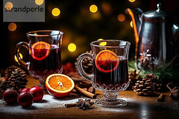 Ein Glas traditioneller Glühwein mit orangen und Preiselbeergarnituren auf einem gemütlichen Weihnachtstisch. Der Hintergrund ist unscharf mit Bokeh Lichtern und Kerzen  die eine warme und festliche Atmosphäre schaffen