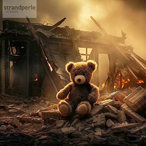 Konzept der Kriegskinder Tragödie  trauriger Teddybär in den Ruinen eines im Krieg zerstörten Hauses