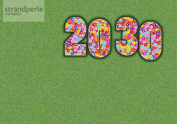 Jahreszahl 2030 mit Blumendesign auf grünem Untergrund  Illustration  Zahlen  Grafik  Blumenmuster  bunte Blumen  farbenfroh