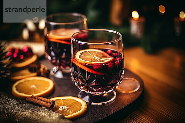 Zwei Gläser mit traditionellem Glühwein mit orangen und Preiselbeergarnituren auf einem gemütlichen Weihnachtstisch. Der Hintergrund ist unscharf mit Bokeh Lichtern und Kerzen  die eine warme und festliche Atmosphäre schaffen