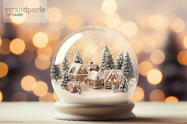 Winter Wonderland mit Haus und Bäume in Glaskugel Schneekugel auf dem Tisch und unscharfen Bokeh Hintergrund