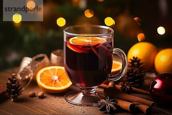 Ein Glas traditioneller Glühwein mit orangen und Preiselbeergarnituren auf einem gemütlichen Weihnachtstisch. Der Hintergrund ist unscharf mit Bokeh Lichtern und Kerzen  die eine warme und festliche Atmosphäre schaffen