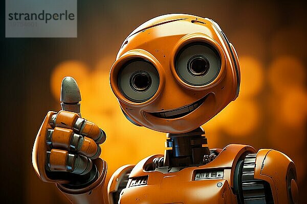 Orangefarbener Roboter mit Daumen hoch Geste. Der freundliche Roboter hat große runde Augen und ein freundliches Lächeln. Konzept der künstlichen Intelligenz Technologie Genehmigung Vereinbarung  Erfolg  Freundlichkeit