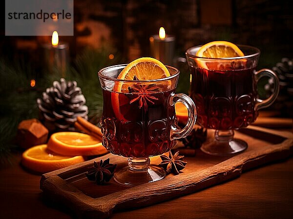 Zwei Gläser mit traditionellem Glühwein mit orangen und Preiselbeergarnituren auf einem gemütlichen Weihnachtstisch. Der Hintergrund ist unscharf mit Bokeh Lichtern und Kerzen  die eine warme und festliche Atmosphäre schaffen