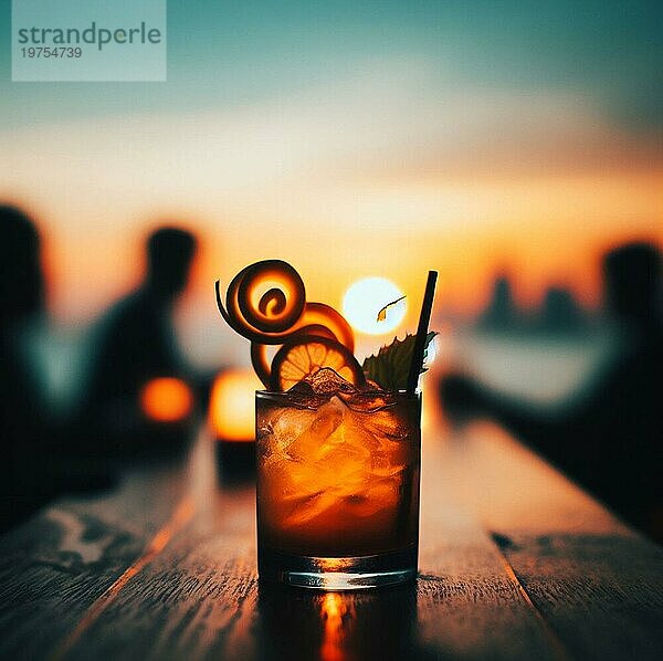 Illustration eines Cocktail Getränks in einer Bar im Freien Pub bei Sonnenuntergang  schummriges warmes Licht  selektiver Fokus  unerkennbare Menschen Bokeh ai generiert