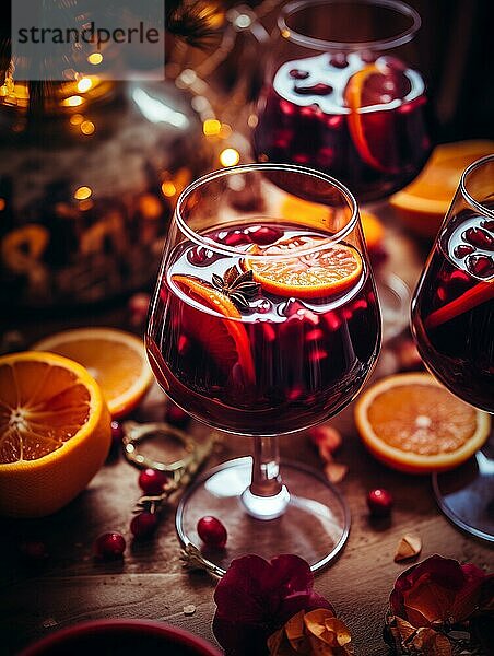 Ein Glas traditioneller Glühwein mit orangen und Preiselbeergarnituren auf einem gemütlichen Weihnachtstisch. Der Hintergrund ist unscharf mit Bokeh Lichtern und Kerzen  die eine warme und festliche Atmosphäre schaffen