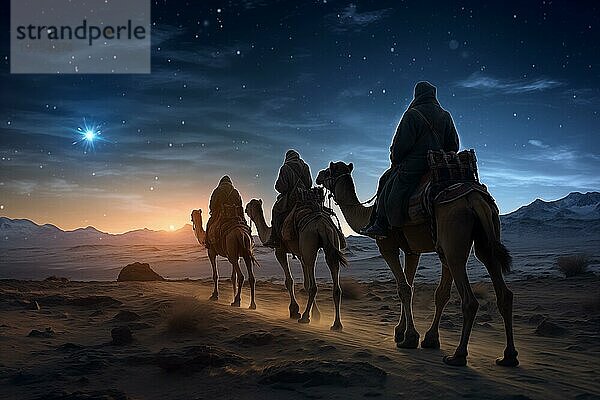 Weihnachten Jesus Geburt Konzept  Anbetung der Heiligen Drei Könige  Heilige Drei Könige  und die drei biblischen Könige mit Kamel Silhouetten Reise in Sanddünen der Wüste folgen Bethlehem Stern bei Nacht