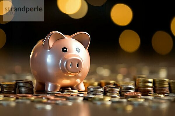Wealth Banking Investitionen Einkommen Einsparungen Geld Erfolg Kaution Konzept  Sparschwein auf der Oberseite des Stapels von Münzen auf dem Tisch