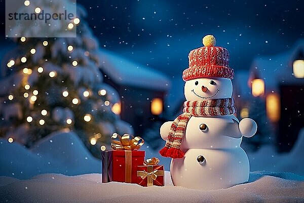 Friedliche und heitere Weihnachtsszene mit einem geschmückten Weihnachtsbaum mit Geschenken und einem niedlichen Schneemann in einem verschneiten Wald