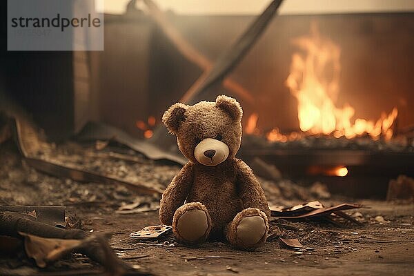 Ein ergreifendes Konzeptbild  das die tragischen Auswirkungen des Krieges auf Kinder darstellt. Ein trauriges Teddybär Spielzeug sitzt inmitten der Ruinen eines durch den Konflikt zerstörten Hauses und symbolisiert den Verlust und die Verzweiflung  die der Krieg verursacht