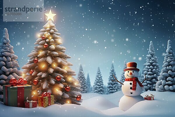 Friedliche und heitere Weihnachtsszene mit einem geschmückten Weihnachtsbaum mit Geschenken und einem niedlichen Schneemann in einem verschneiten Wald