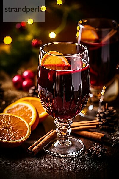 Ein Glas traditioneller Glühwein mit orangen und Preiselbeergarnituren auf einem gemütlichen Weihnachtstisch. Der Hintergrund ist unscharf mit Bokeh Lichtern und Kerzen  die eine warme und festliche Atmosphäre schaffen