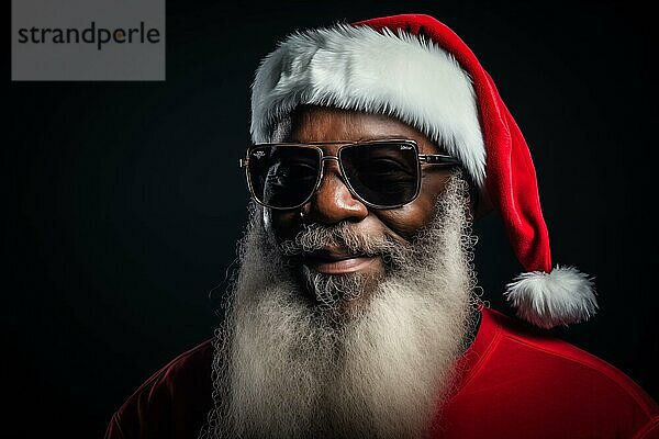 Moderner schwarzer Weihnachtsmann mit Weihnachtsmannmütze  Sonnenbrille und langem weißen Bart  der lächelnd in die Kamera schaut  vor dunklem Hintergrund. Festliche und fröhliche Stimmung der Weihnachtszeit