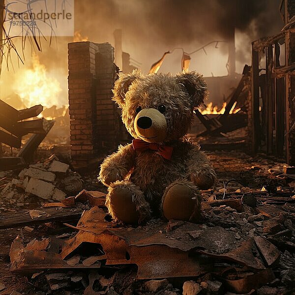 Ein ergreifendes Konzeptbild  das die tragischen Auswirkungen des Krieges auf Kinder darstellt. Ein trauriges Teddybär Spielzeug sitzt inmitten der Ruinen eines durch den Konflikt zerstörten Hauses und symbolisiert den Verlust und die Verzweiflung  die der Krieg verursacht
