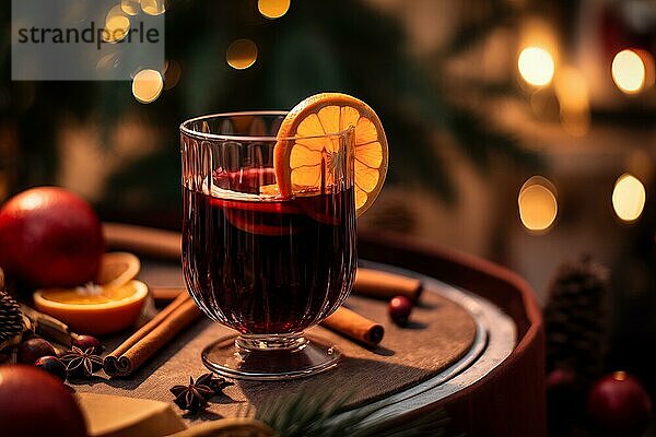 Ein Glas traditioneller Glühwein mit orangen und Preiselbeergarnituren auf einem gemütlichen Weihnachtstisch. Der Hintergrund ist unscharf mit Bokeh Lichtern und Kerzen  die eine warme und festliche Atmosphäre schaffen