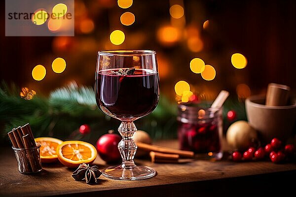 Ein Glas traditioneller Glühwein mit orangen und Preiselbeergarnituren auf einem gemütlichen Weihnachtstisch. Der Hintergrund ist unscharf mit Bokeh Lichtern und Kerzen  die eine warme und festliche Atmosphäre schaffen